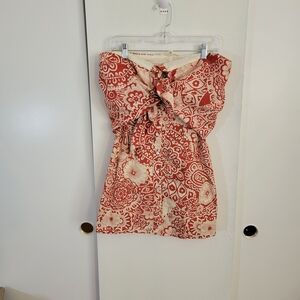 blue tassel Red and Cream Patterned Strapless Dress